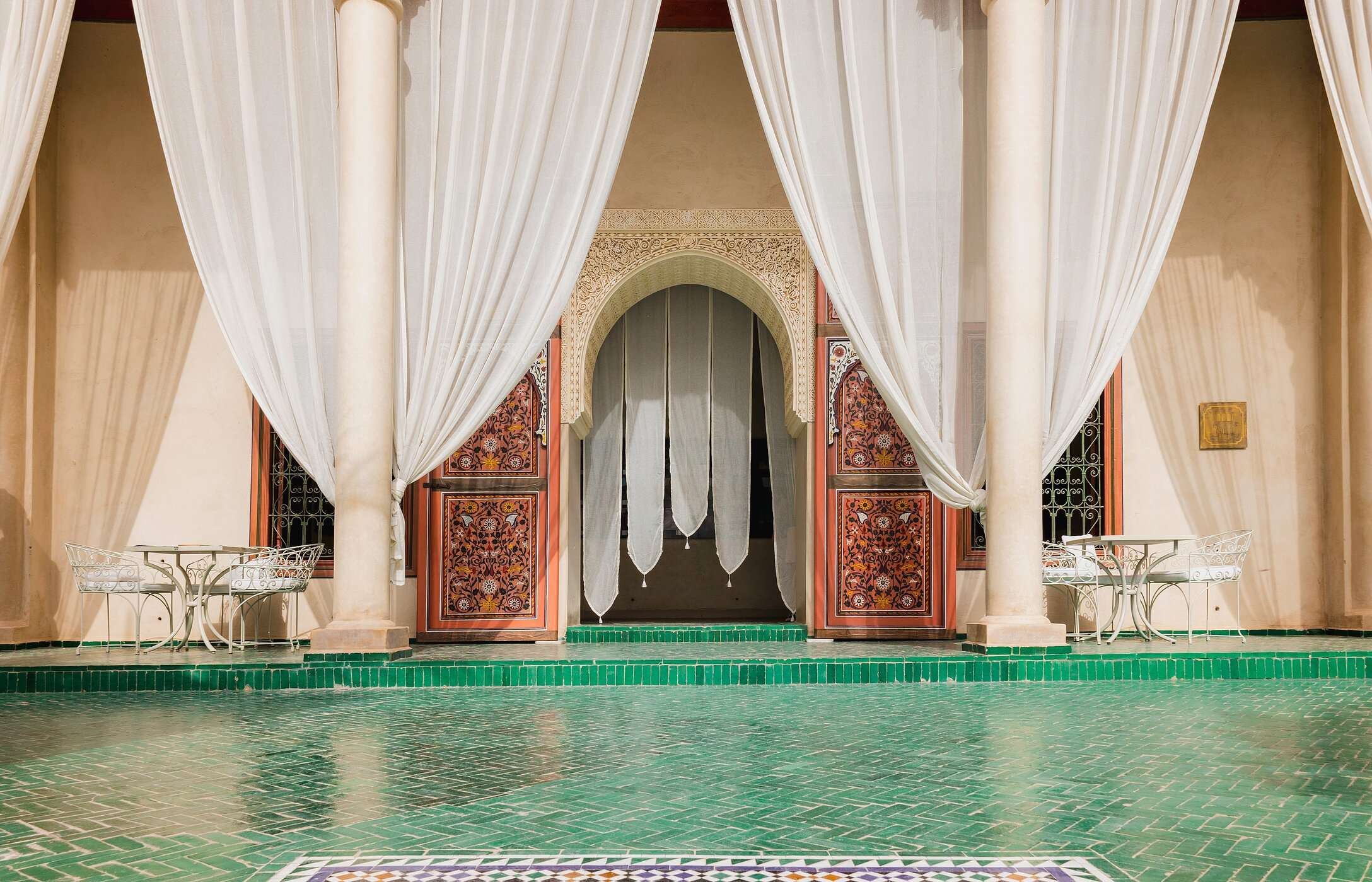 Le Jardin Secret is a modern building in the historic center of Marrakech with vibrant colors