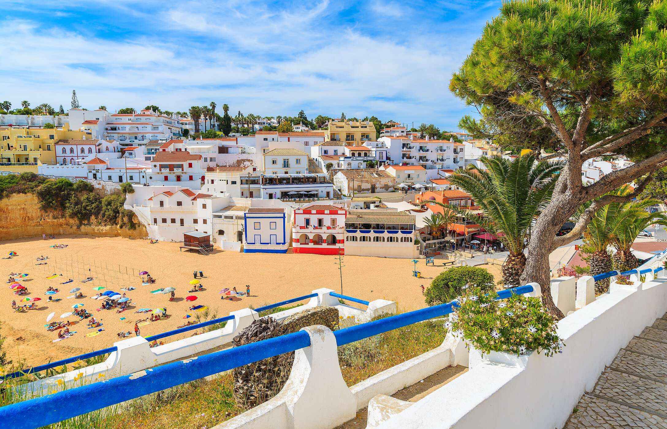 Panoramic view of Praia do Carvoeiro, in the Algarve, with houses built on the cliff and golden sand