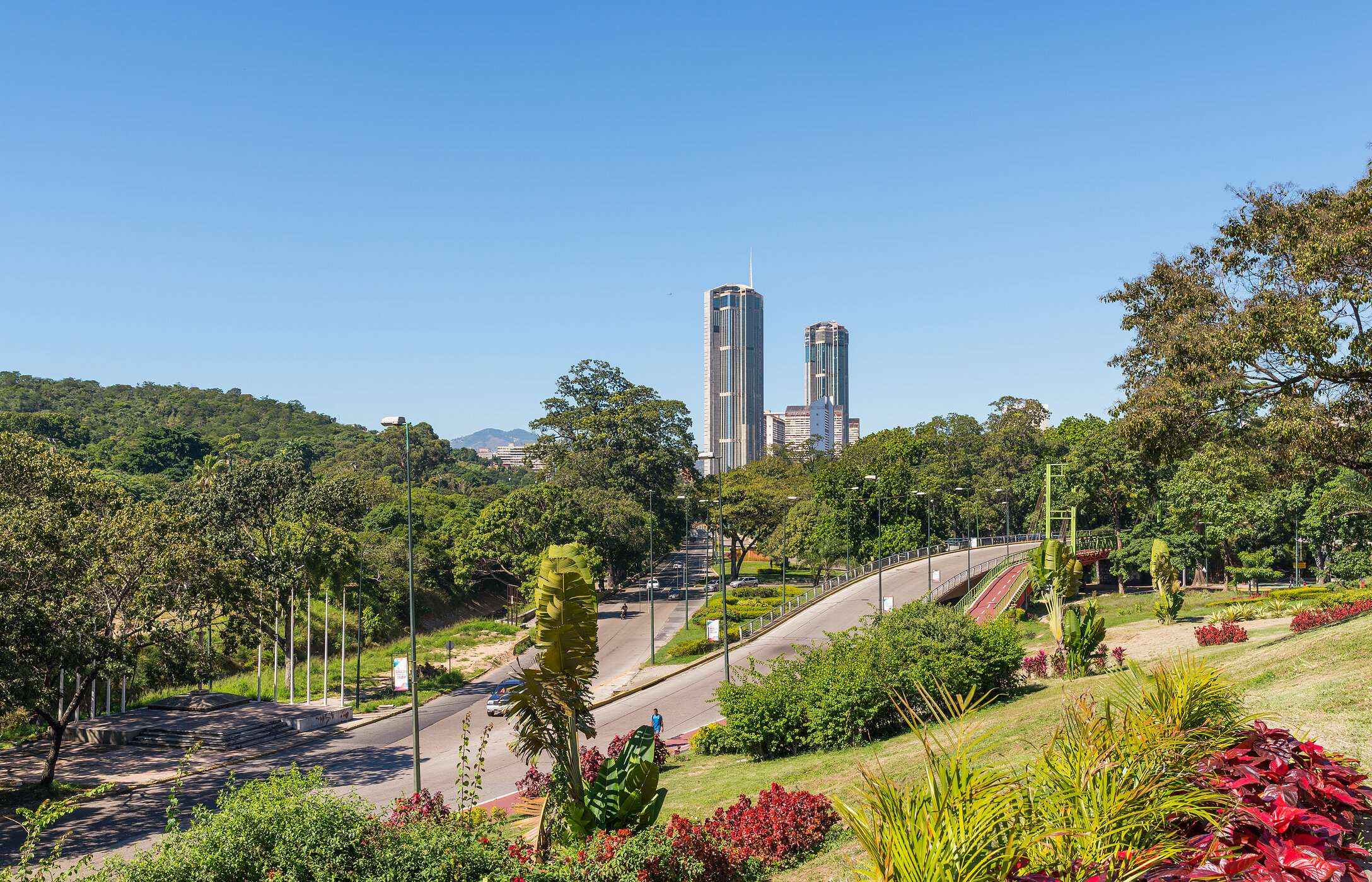 Urban landscape of Caracas, with various green and flowering spaces, with the twin towers of El Silencio in the background