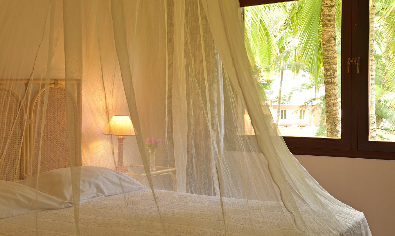 The Junior Suite at Pestana Miramar São Tomé includes a double bed with a mosquito net and a window overlooking the garden