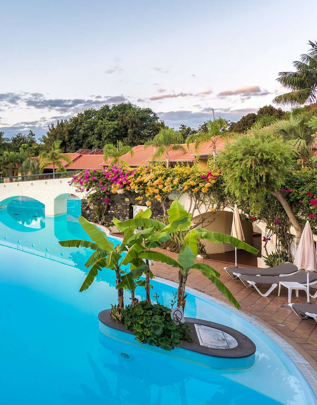 Piscina al aire libre rodeada de plantas tropicales y árboles en Pestana Village, un Hotel Romántico en Funchal, Madeira