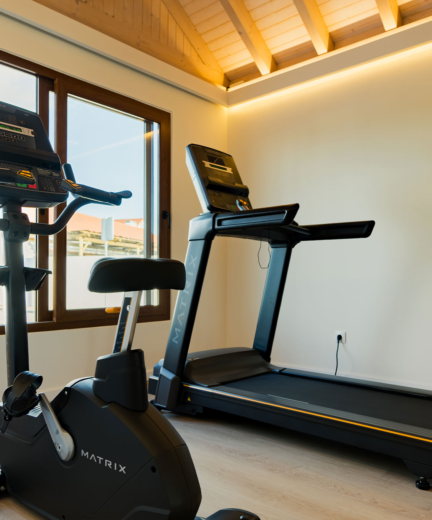 Gimnasio equipado con cinta de correr y bicicleta, ubicado en las villas del Pestana Comporta Village Residences