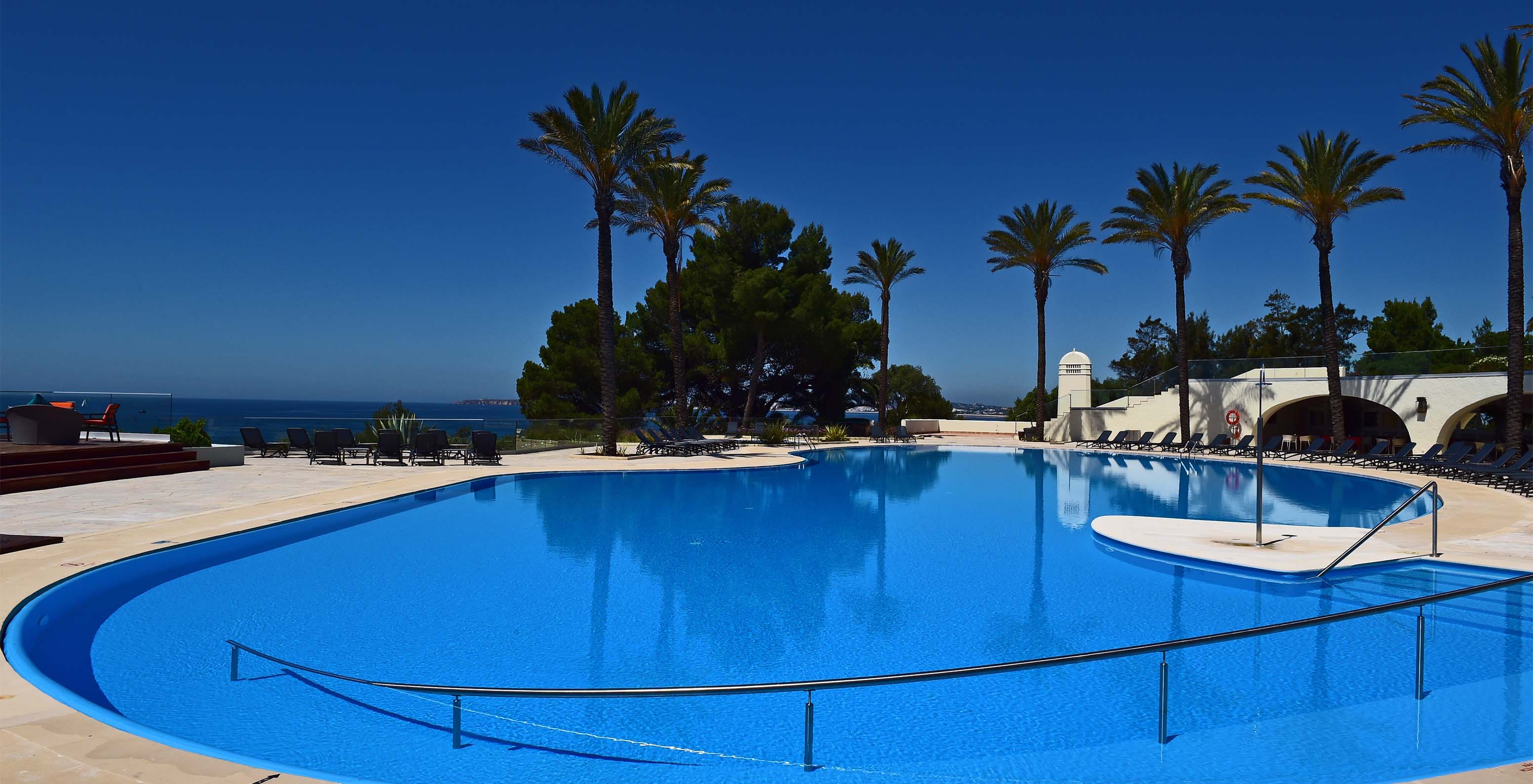 Piscine extérieure avec chaises longues, palmiers et terrasse, jacuzzi, vue sur la mer et la plage, ciel dégagé