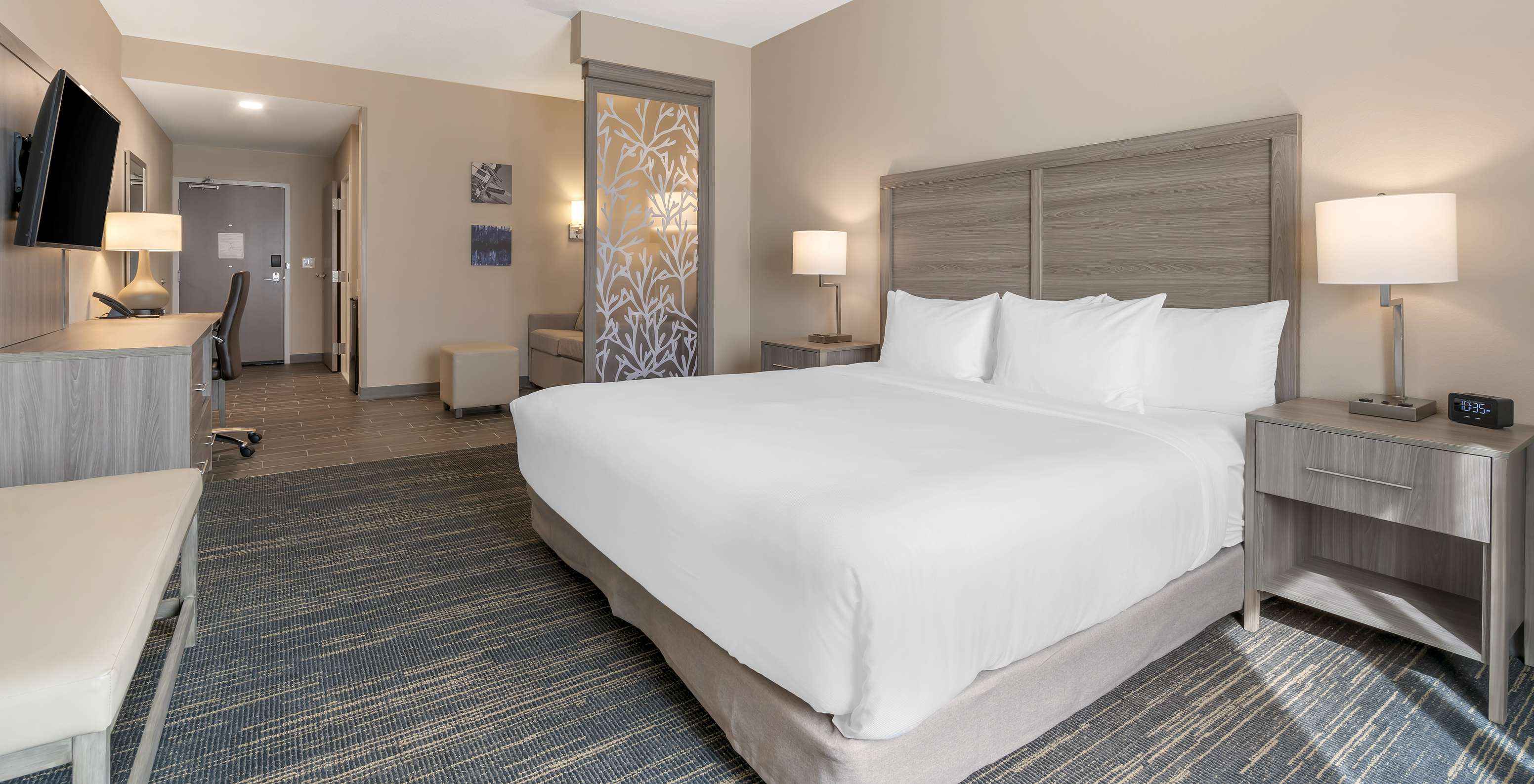 La Suite ADA King du Pestana Orlando Suites Lake Buena Vista a un lit double, table de chevet et télévision