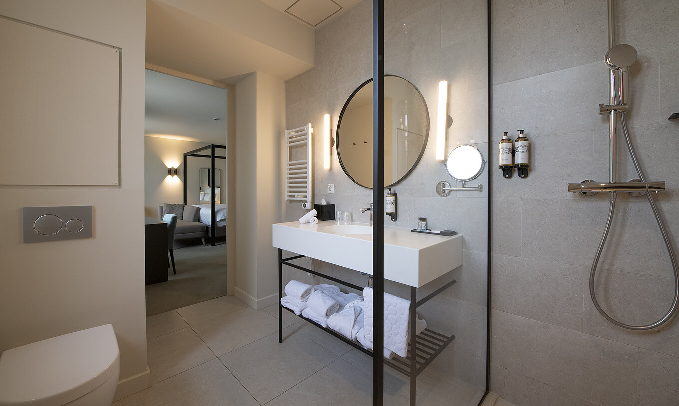 O quarto Premium Deluxe do Pestana Amsterdam Riverside tem uma casa de banho com espelho, lavatório, toalhas e duche