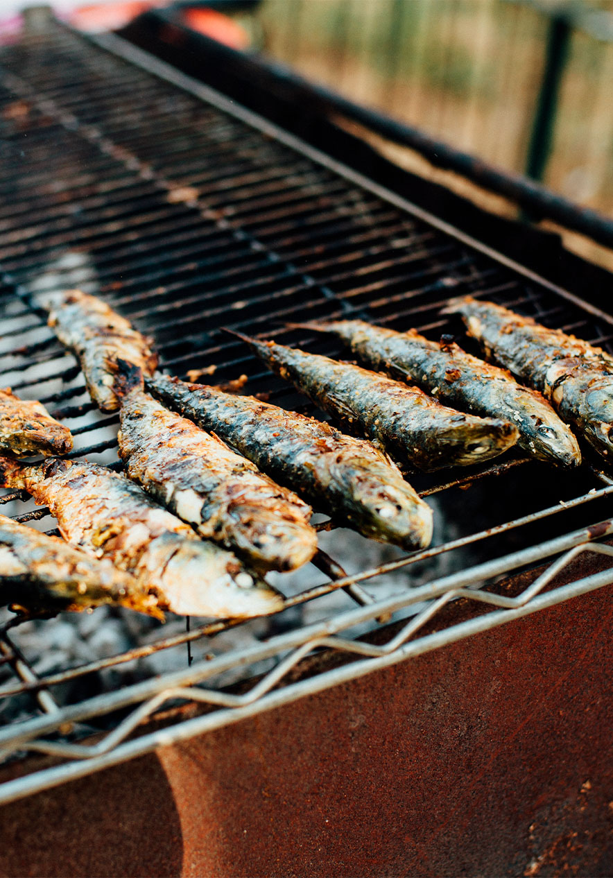 Sardinen auf einem Grill, der traditionelle Fisch, der die Volksfeste im Juni in Lissabon begleitet