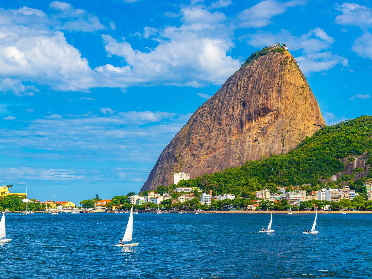 Paysage urbain et naturel du Pain de Sucre et de la baie de Guanabara, avec des voiliers glissant sur l'eau