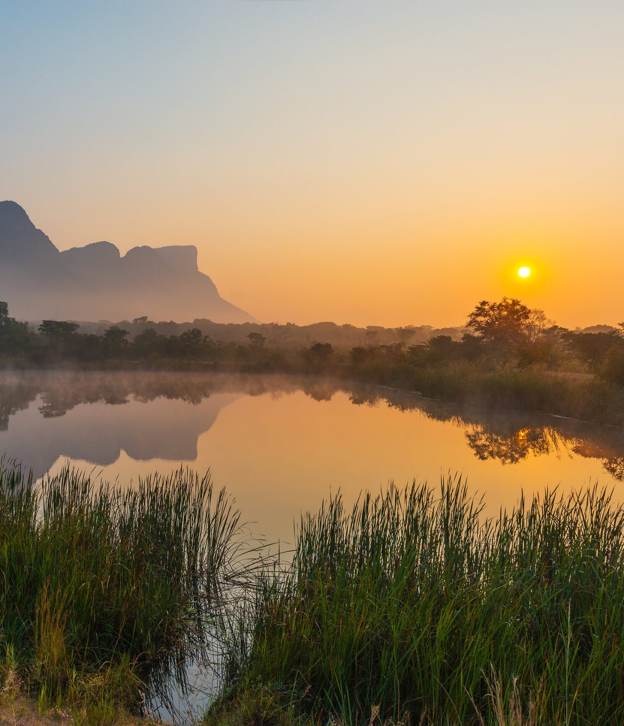 Visite África do Sul e desfrute da paisagem calma do Kruger Park, com o um lago, vegetação e um pôr-do-sol incrível