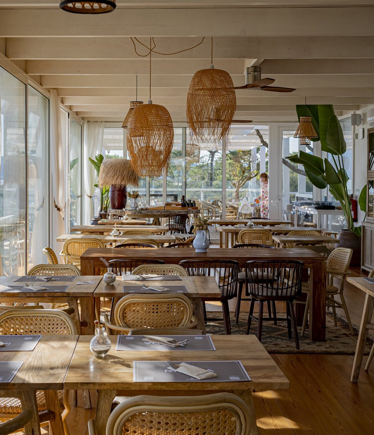 The Moana Beach Club restaurant, at the Eco Resort 10 Minutes from the Comporta Beach, features a bright space