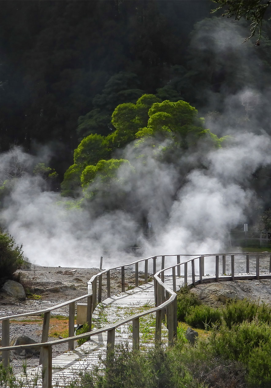 Furnas Park where steam rises from the ground amidst a boardwalk surrounded by nature