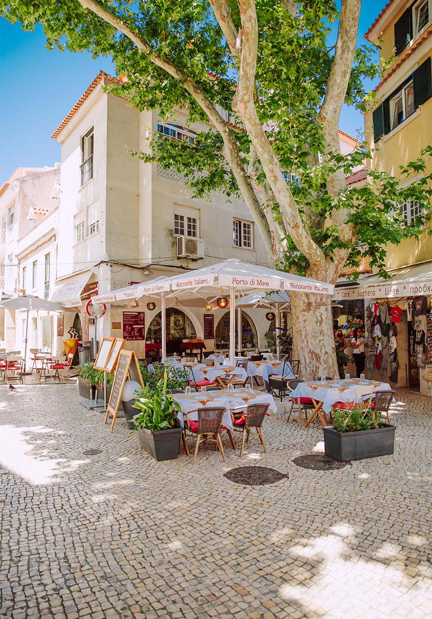 Outdoor restaurant in Largo do Camões in Cascais with tables and chairs under a large tree on a sunny day