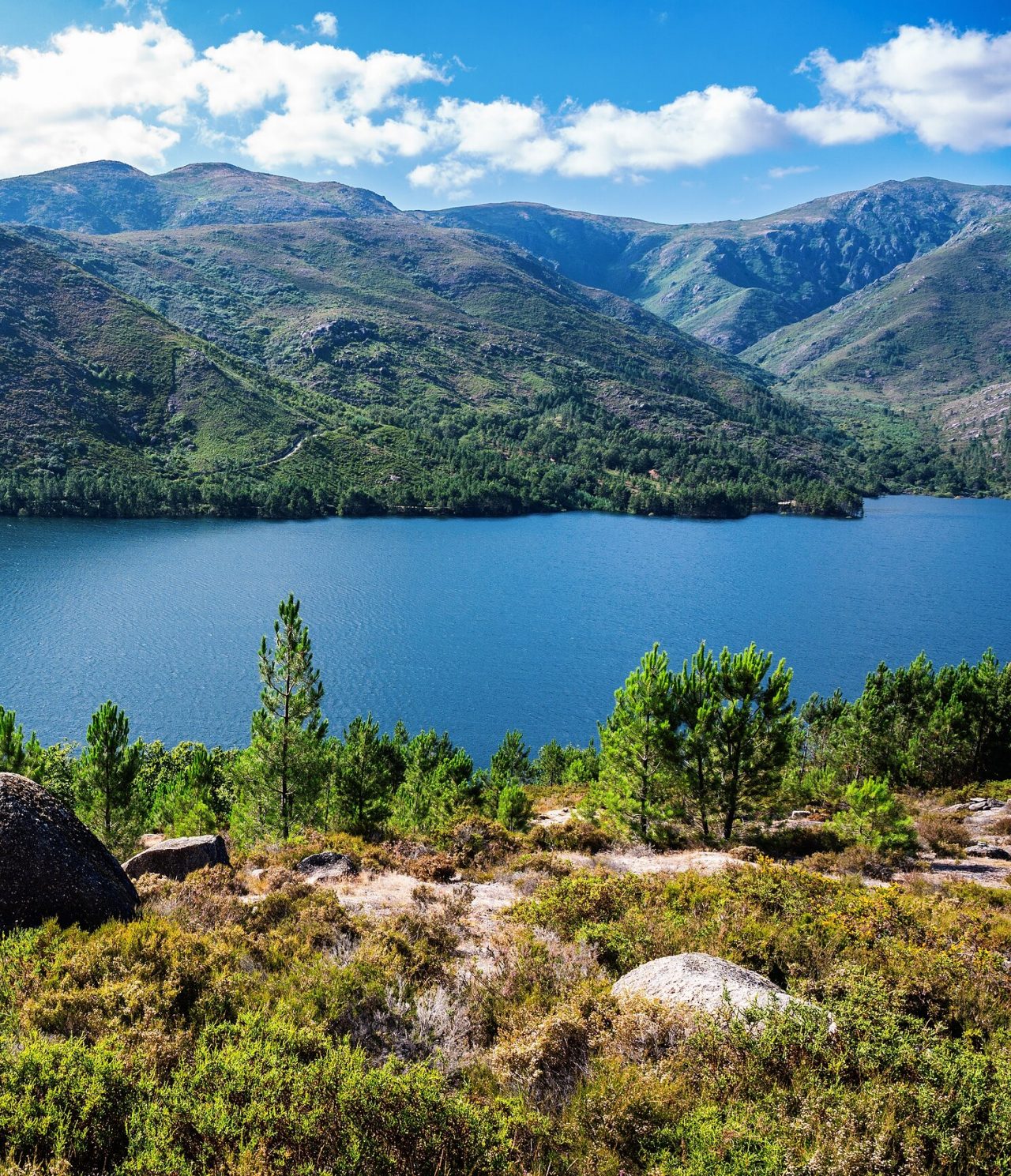 Mountainous landscape with the Douro River at the center, surrounded by green vegetation and rocks