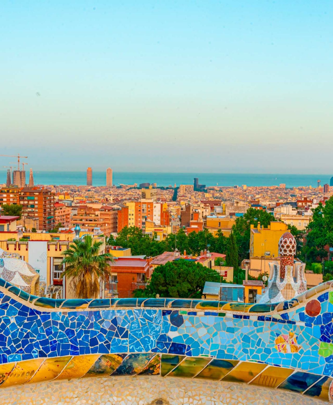 Panoramic view of the city of Barcelona, from Park Güell with its iconic Gaudí constructions