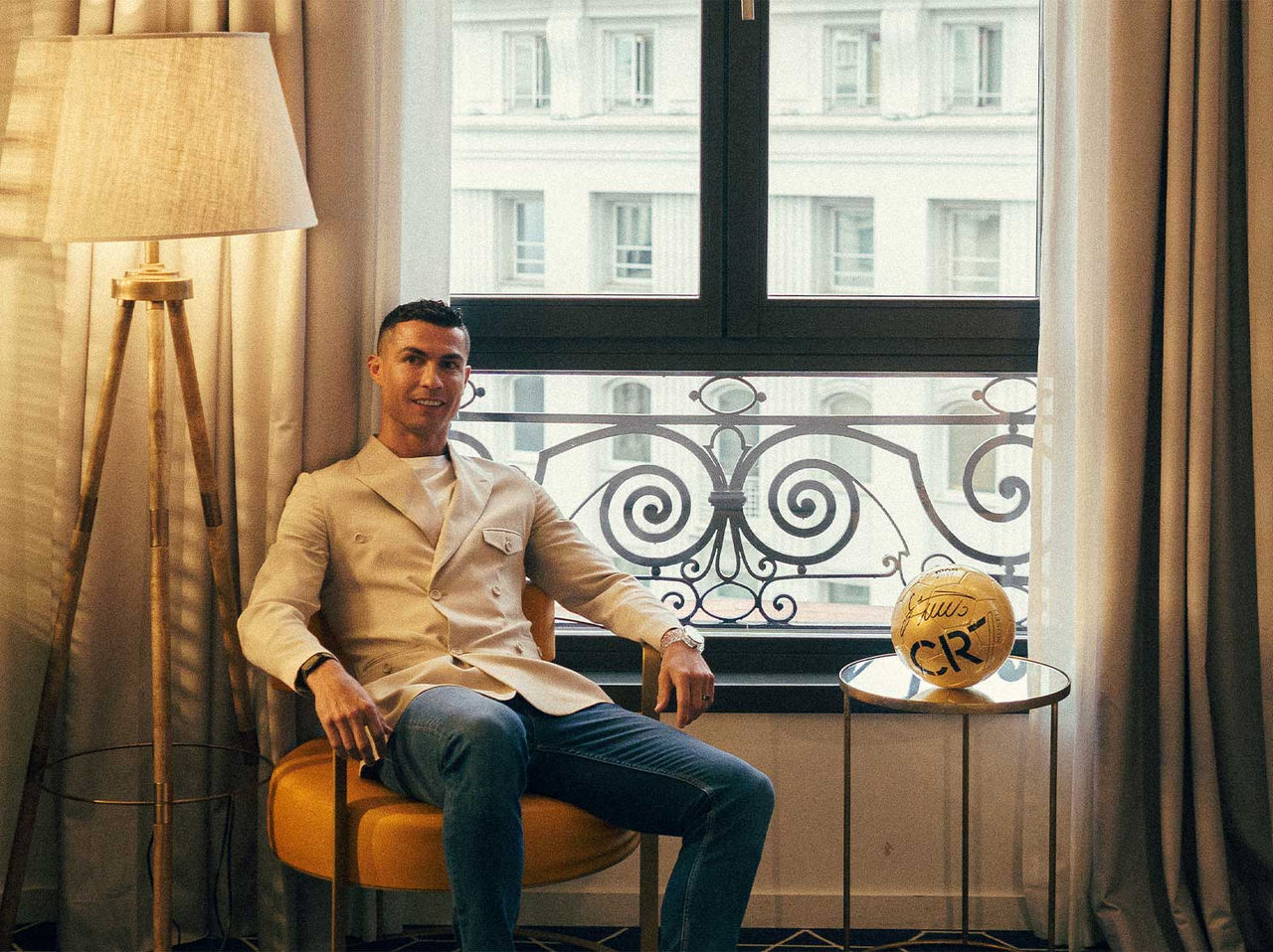 Cristiano Ronaldo and signed football at a Pestana CR7 Lifestyle Hotels brand hotel